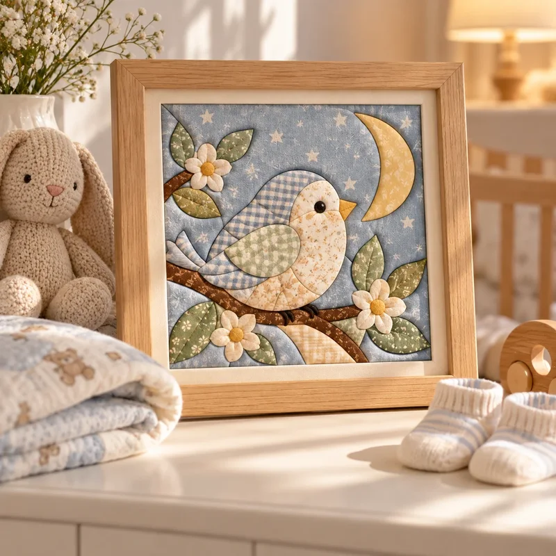 A framed nursery fabric art piece with a little bird, made from baby clothes