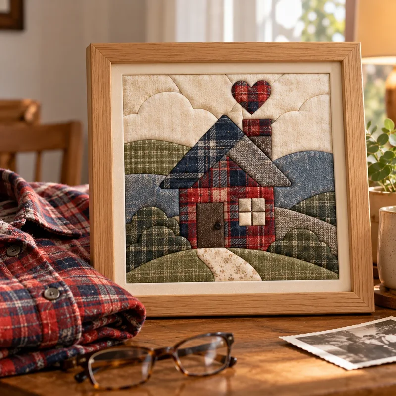 A framed keepsake fabric piece made from a man's flannel shirts
