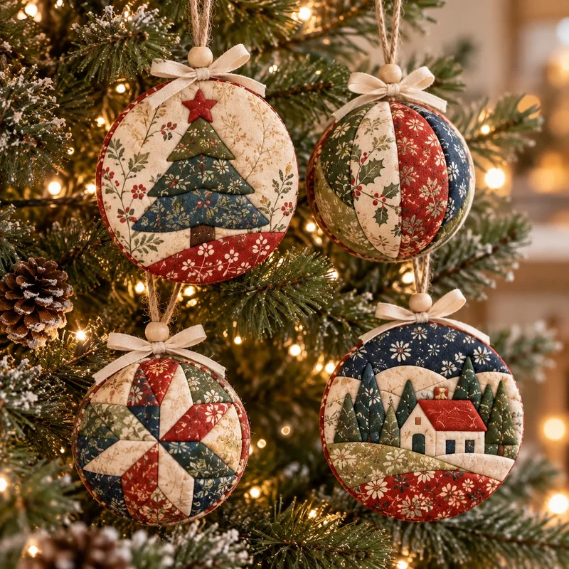 Handmade fabric-tucked Christmas ornaments on a tree