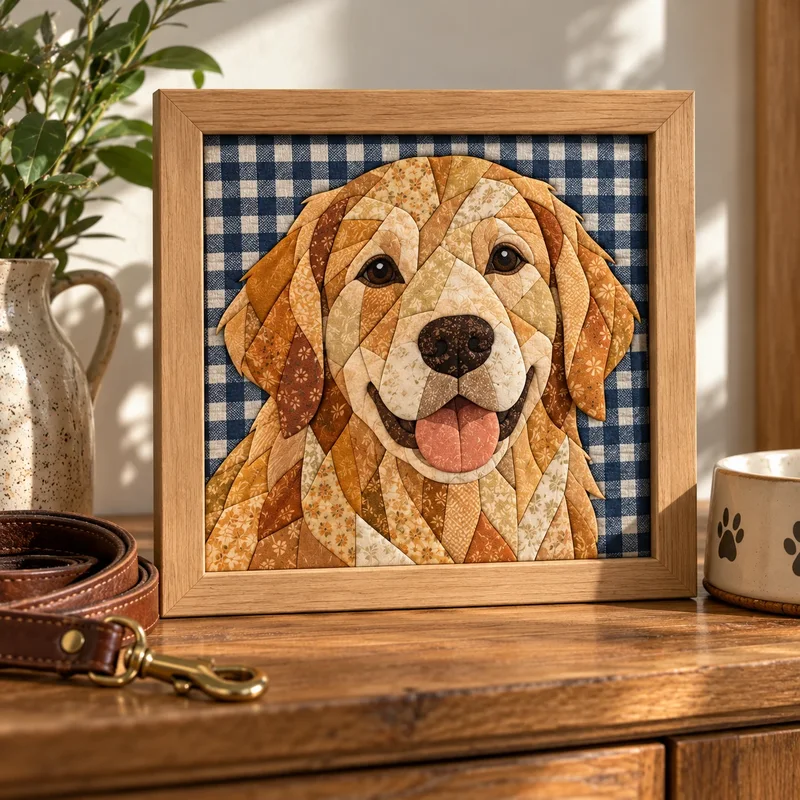 A framed fabric art portrait of a golden retriever made from cotton scraps