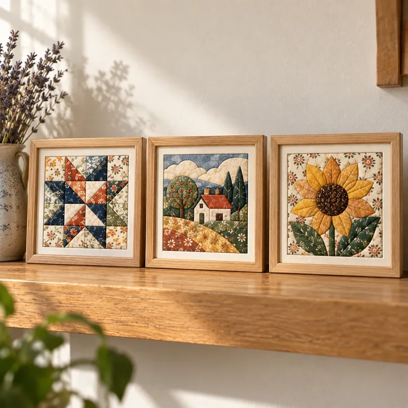 Three small framed no-sew fabric art squares in soft cotton prints