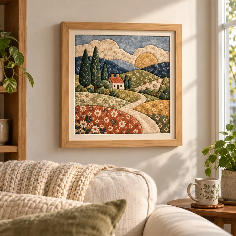 A framed Kinusaiga fabric landscape hanging on a living room wall