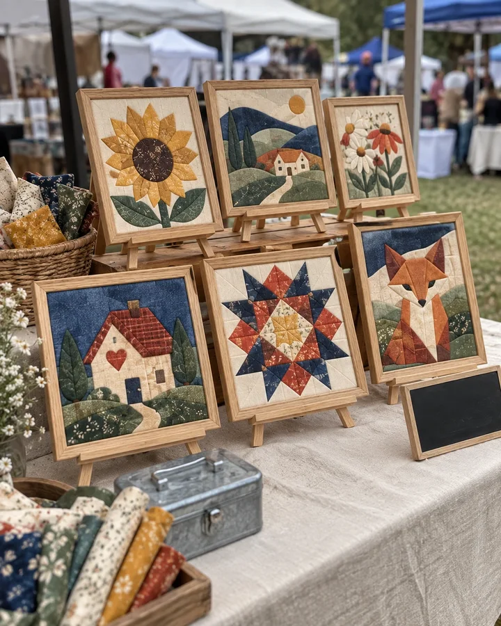 A small craft market table with framed fabric art pieces on display