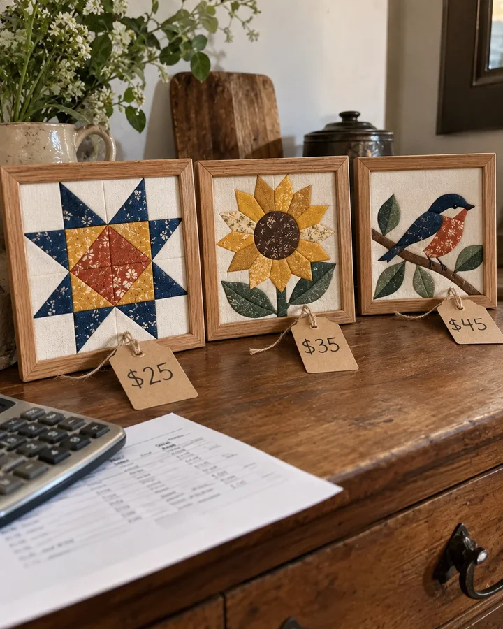Small framed fabric art pieces with kraft price tags