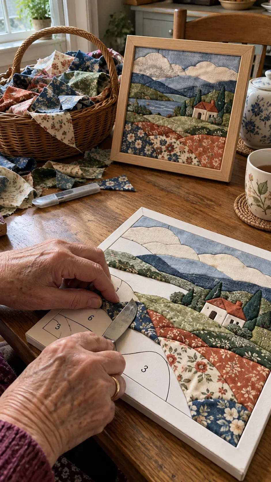 Hands tucking fabric scraps into a numbered foam template next to a framed finished piece