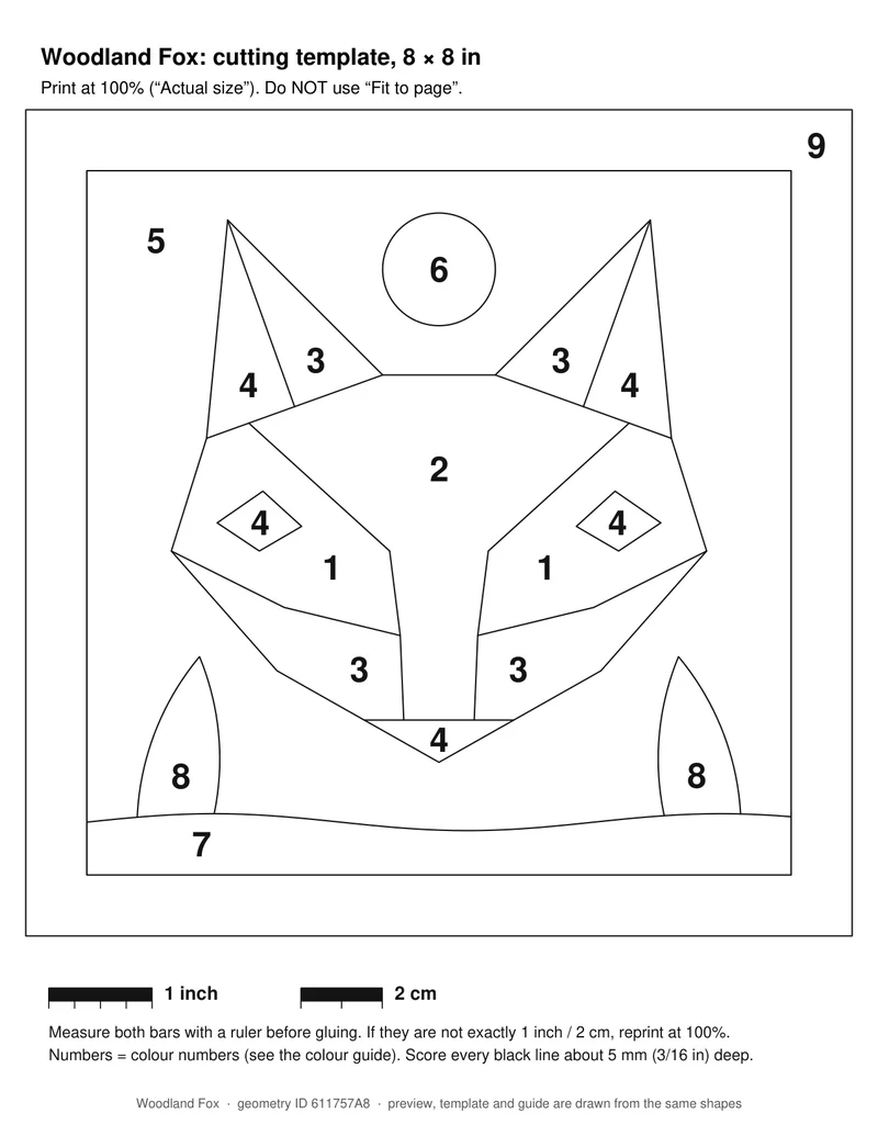 Woodland Fox numbered cutting template, 8 by 8 inches