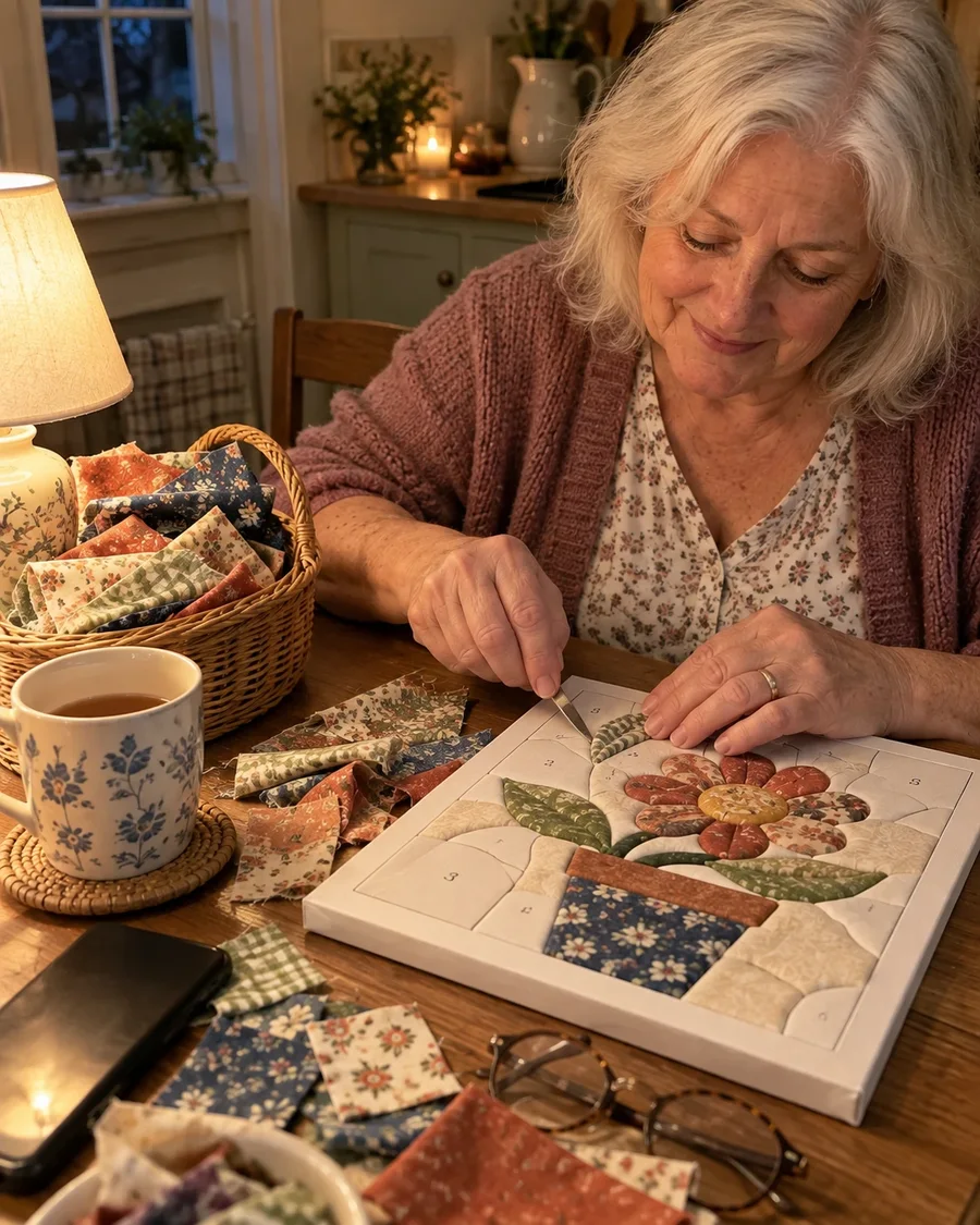 A woman tucking fabric into a foam template at a sunny table with a cup of tea