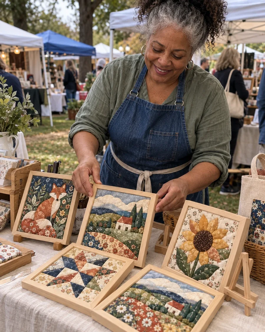Woman arranging small framed fabric art pieces on a market table