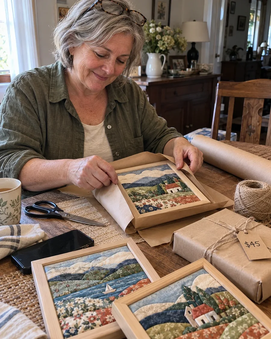 Wrapping a small framed fabric art piece in kraft paper to sell